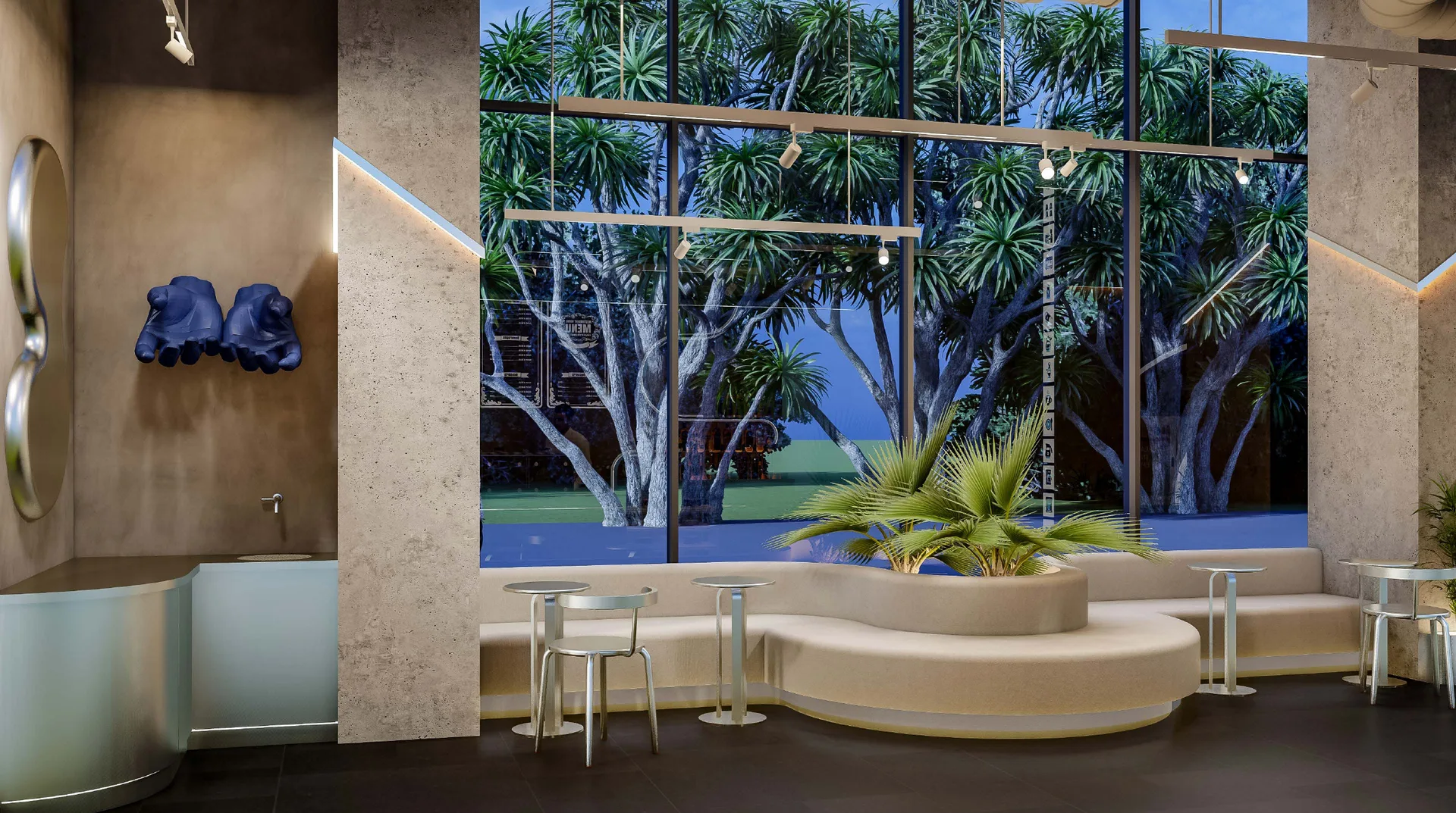Visualisation of the banquette along the window wall, with integrated planting and sculptural wall pieces on the plaster.