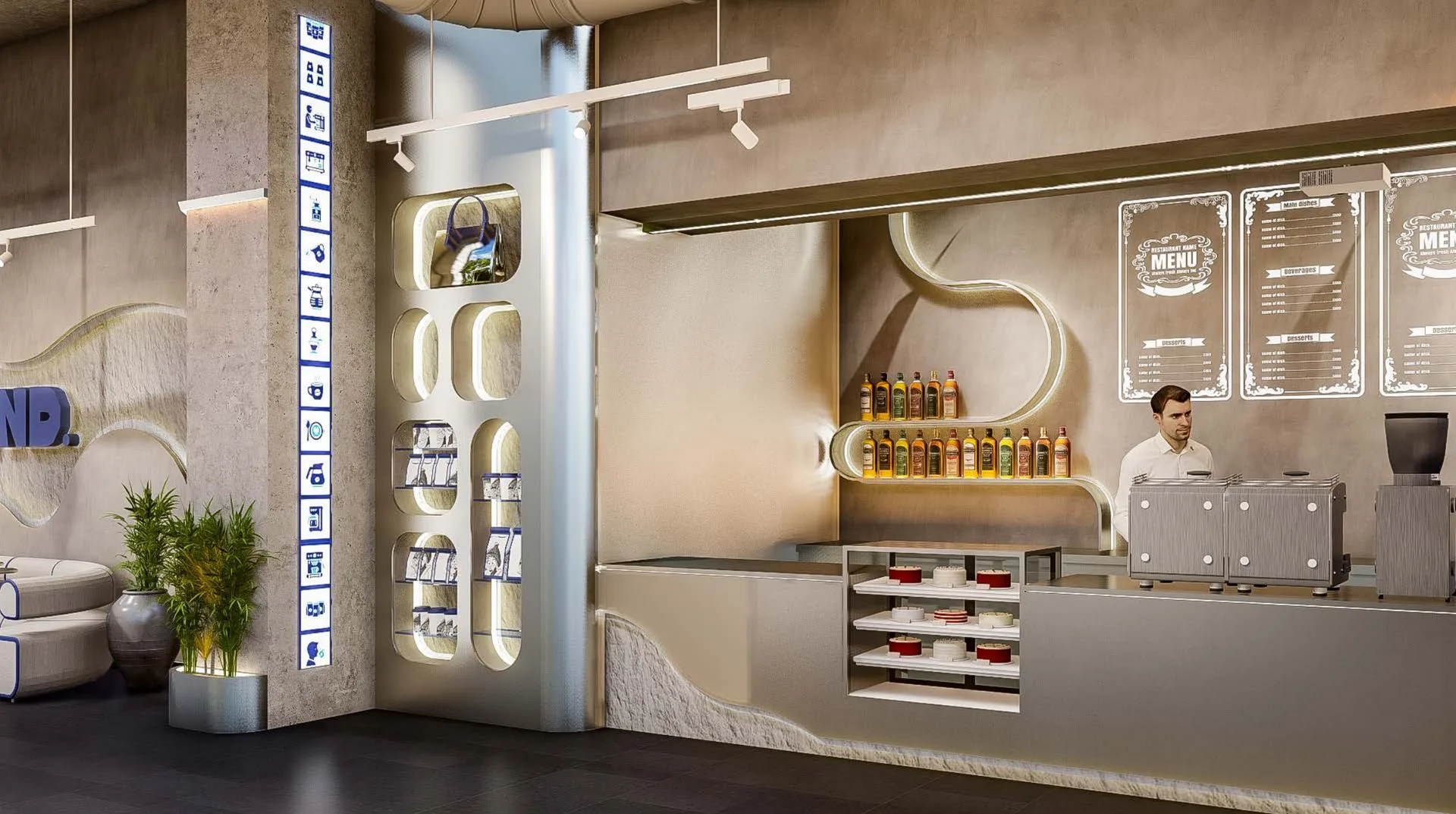 Closer visualisation of the counter — syrup shelf, cake display, twin espresso machines and the sculpted stone counter front.