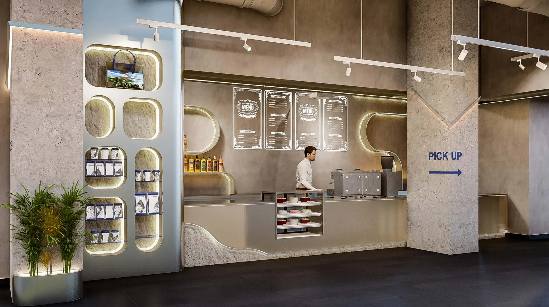 Visualisation of the service counter: illuminated menu boards, espresso machine, pastry display and a retail wall of lit niches, with a PICK UP arrow on the column.