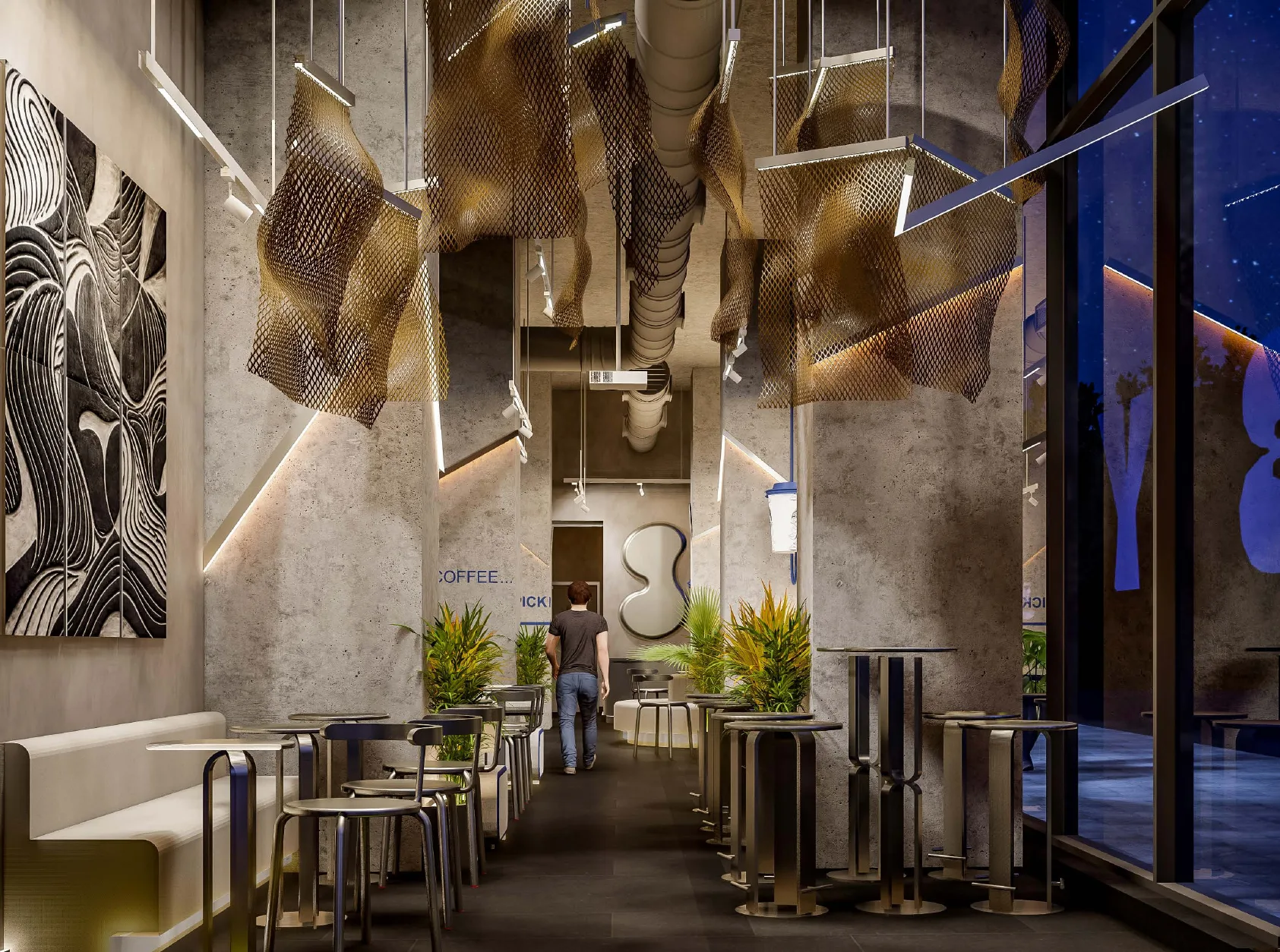 Evening visualisation of the same room, with the ceiling forms lit and the shopfront glazing dark behind.
