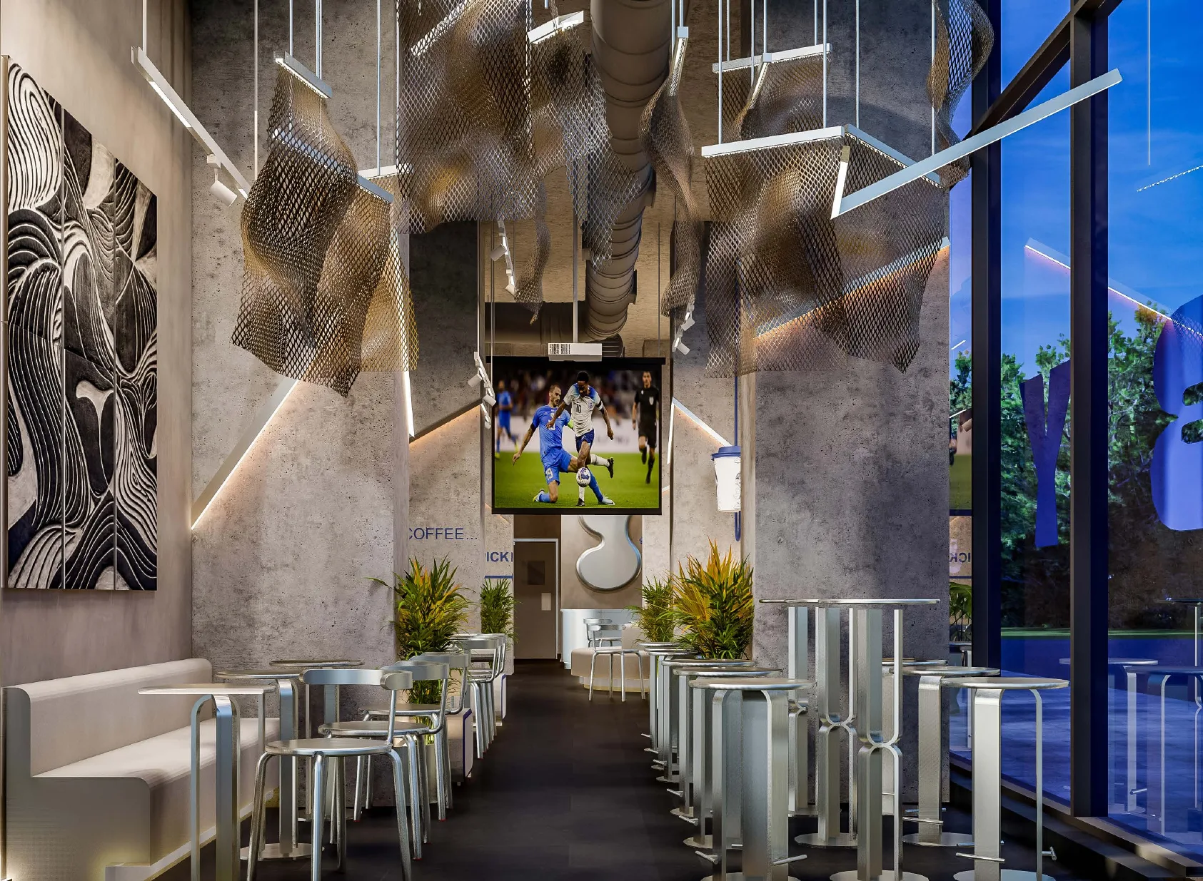 Visualisation of the main room: suspended mesh ceiling forms, linear lighting and a wall-mounted screen above the seating.