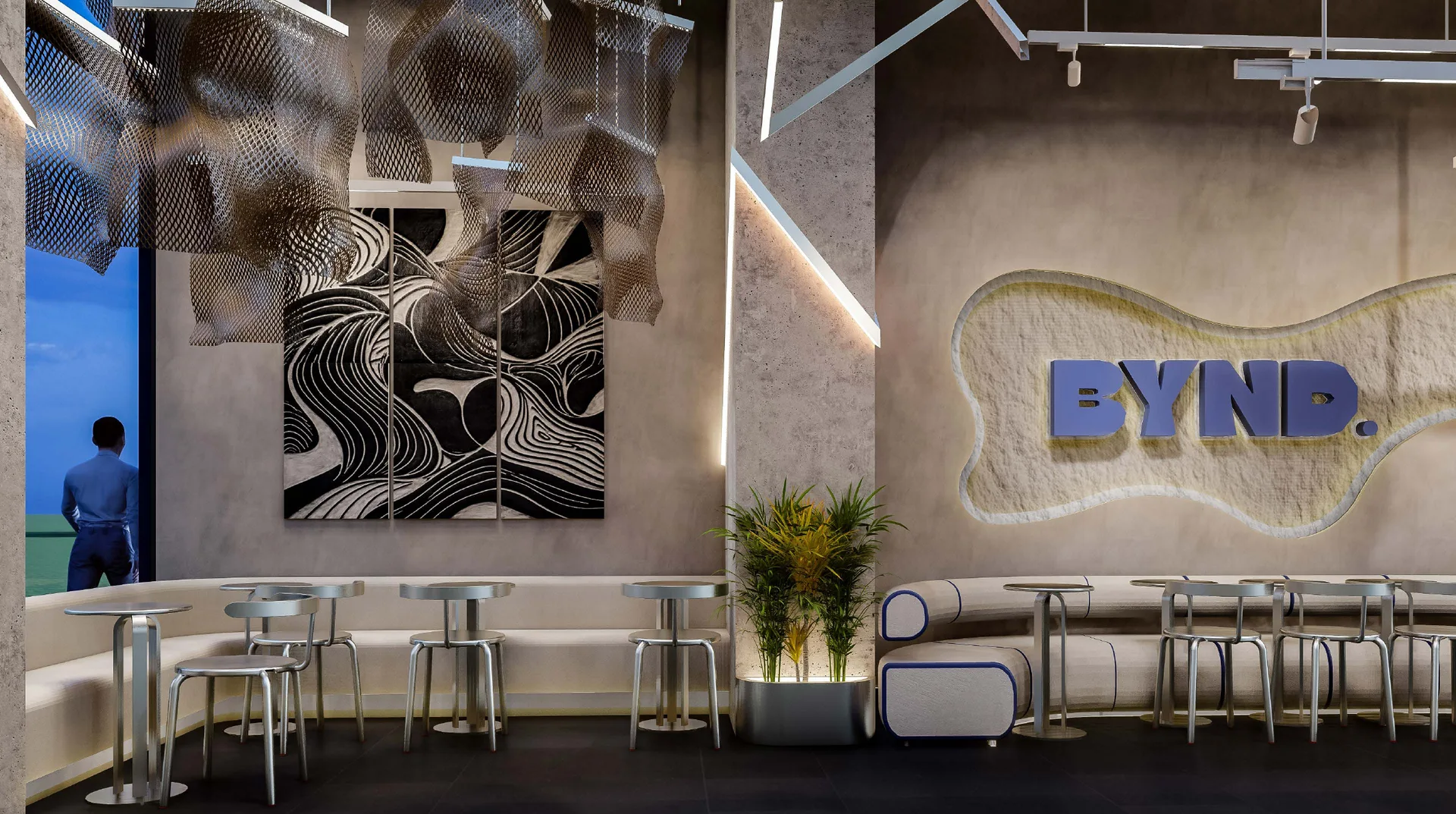 Visualisation of the lounge area — curved upholstered banquette, slim metal café tables and stools against board-formed concrete.