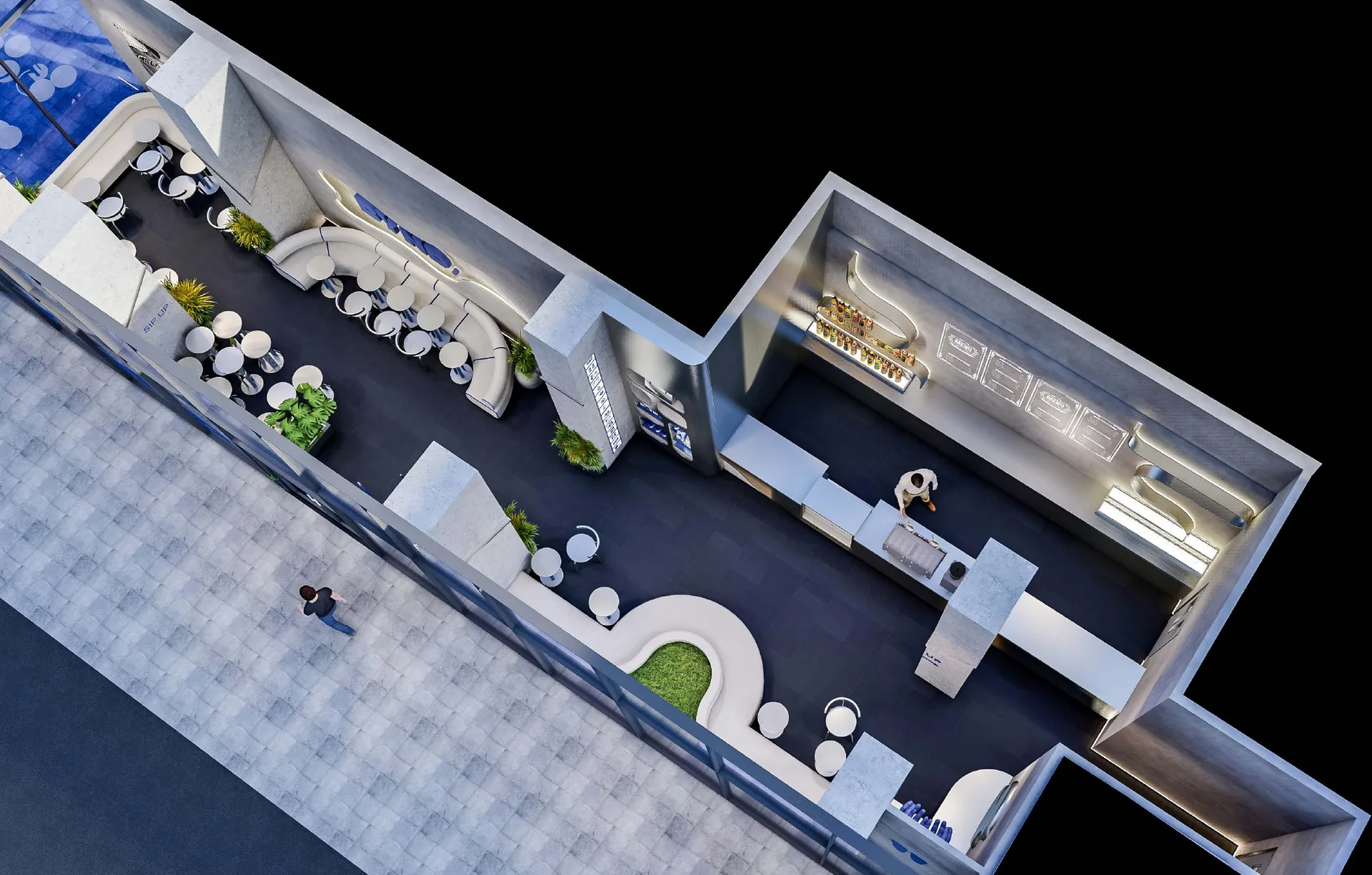 Aerial cutaway visualisation of the whole unit, showing the counter and back-of-house at one end and the seating running the length of the glazed frontage.