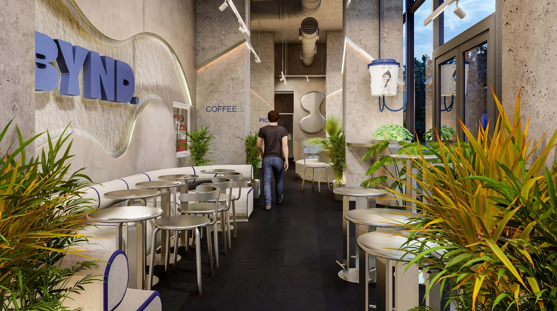 Visualisation looking down the café toward the service counter, with planting, high tables and the glazed frontage to the right.
