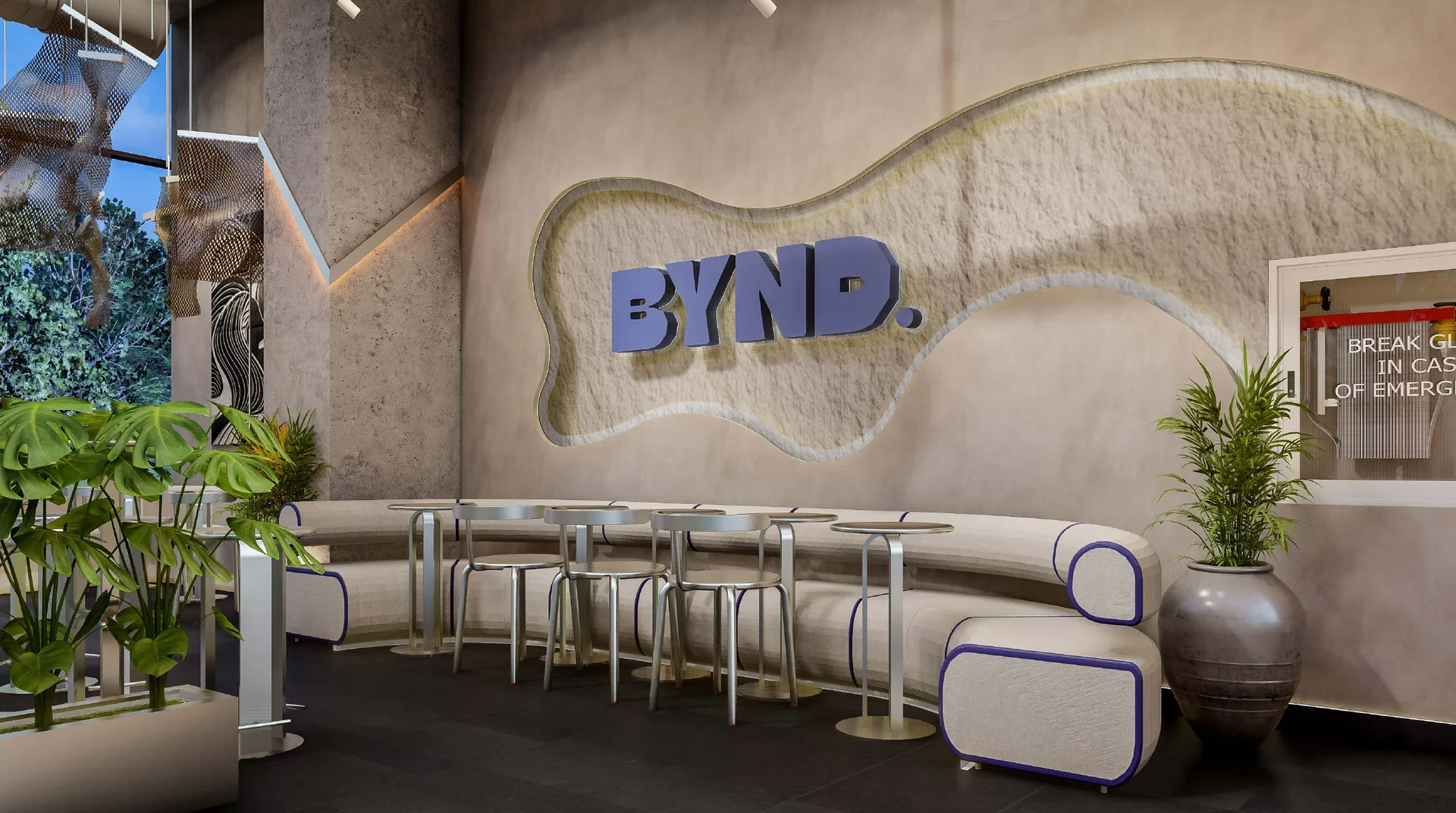 Visualisation of the signature wall: a sculpted recess in textured plaster carrying the brand mark, with curved banquette seating below.