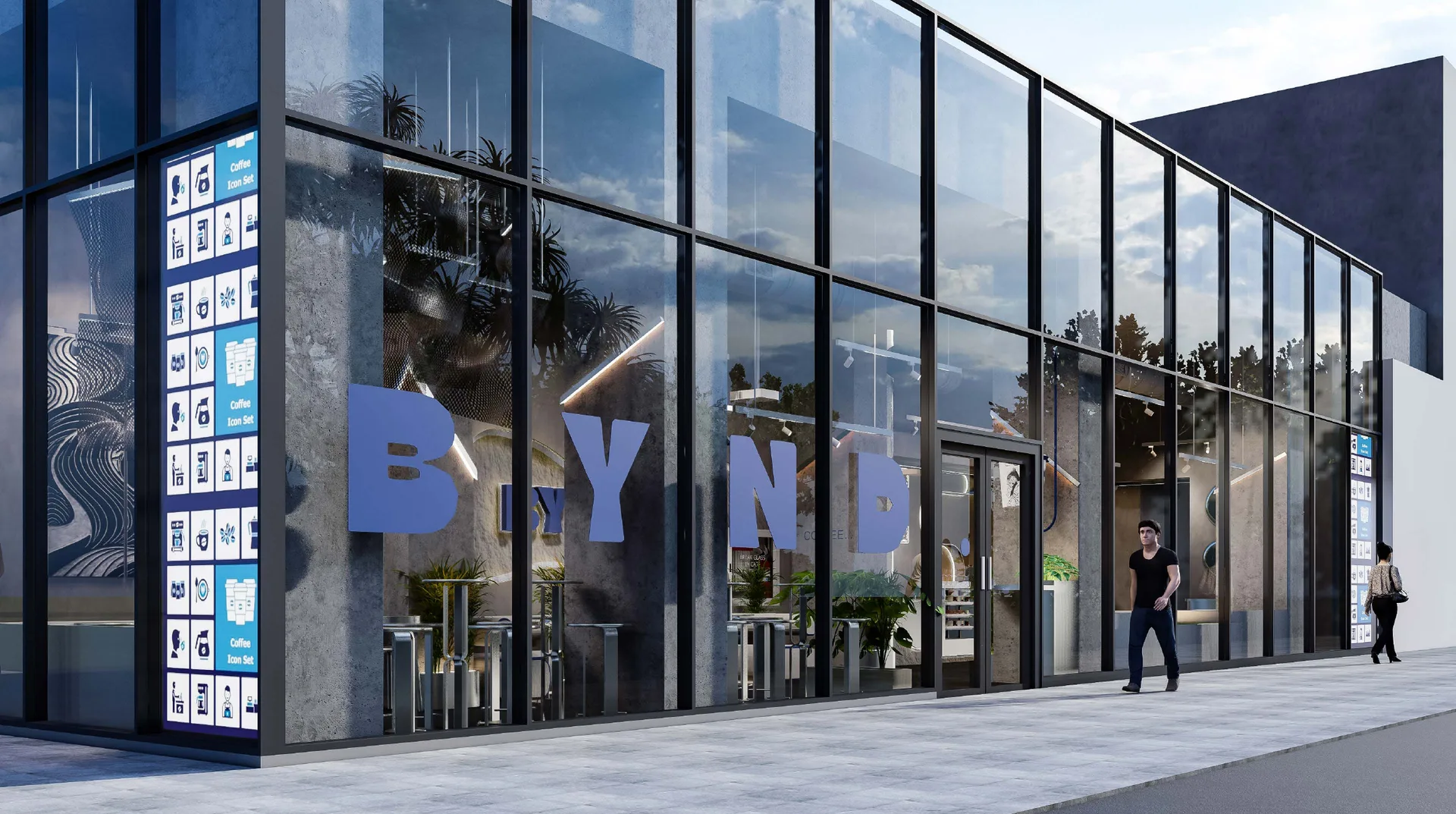 Design visualisation of the Bynd Coffee Bar shopfront on Adelaide St West — full-height glazing in dark framing with oversized brand lettering across the glass.