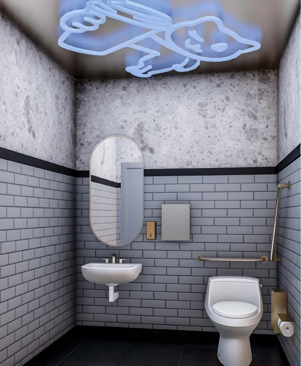 Visualisation of the washroom — metro tile to dado height, textured wall above, oval mirror and brass fittings.