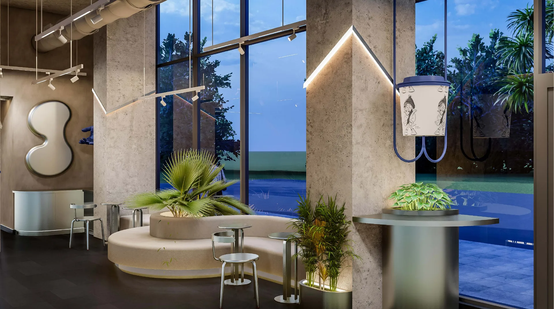 Visualisation of the window seating: a curved bench wrapping a planter, café tables, and a suspended cup-shaped light by the glazing.